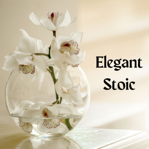 white orchids in vase with text :elegant stoic"